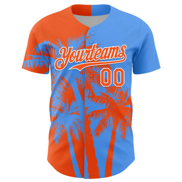 Custom Electric Blue Orange-White 3D Pattern Design Hawaii Palm Trees Tropical Coconut Authentic Baseball Jersey