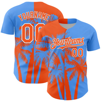 Custom Electric Blue Orange-White 3D Pattern Design Hawaii Palm Trees Tropical Coconut Authentic Baseball Jersey