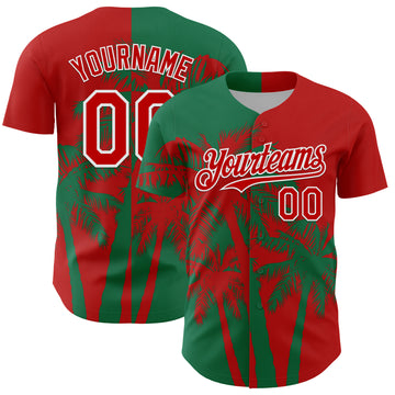 Custom Red Kelly Green-White 3D Pattern Design Hawaii Palm Trees Tropical Coconut Authentic Baseball Jersey
