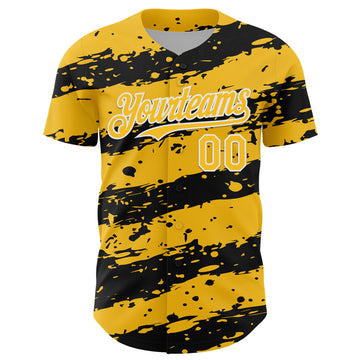 Custom Gold Black-White 3D Pattern Design Paint Splash Stripe Authentic Baseball Jersey