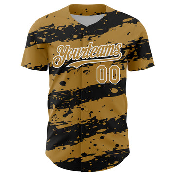Custom Old Gold Black-White 3D Pattern Design Paint Splash Stripe Authentic Baseball Jersey