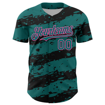 Custom Teal Black-Pink 3D Pattern Design Paint Splash Stripe Authentic Baseball Jersey