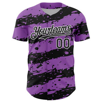Custom Medium Purple Black-White 3D Pattern Design Paint Splash Stripe Authentic Baseball Jersey