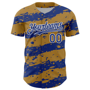 Custom Old Gold Royal-White 3D Pattern Design Paint Splash Stripe Authentic Baseball Jersey