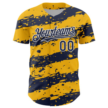 Custom Gold Navy-White 3D Pattern Design Paint Splash Stripe Authentic Baseball Jersey