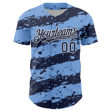 Custom Light Blue Navy-White 3D Pattern Design Paint Splash Stripe Authentic Baseball Jersey