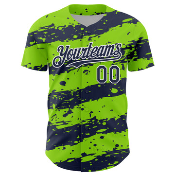 Custom Neon Green Navy-White 3D Pattern Design Paint Splash Stripe Authentic Baseball Jersey