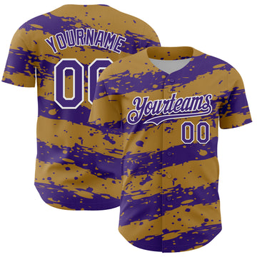 Custom Old Gold Purple-White 3D Pattern Design Paint Splash Stripe Authentic Baseball Jersey