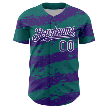 Custom Teal Purple-White 3D Pattern Design Paint Splash Stripe Authentic Baseball Jersey