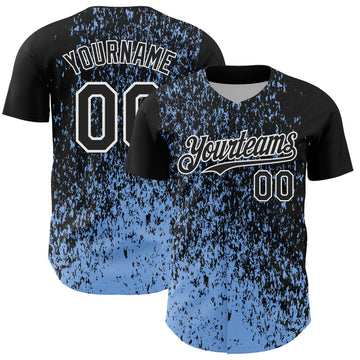 Custom Black Light Blue-White 3D Pattern Design Abstract Fragment Splatter Authentic Baseball Jersey