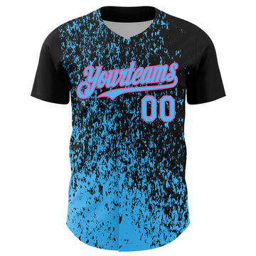Custom Black Sky Blue-Pink 3D Pattern Design Abstract Fragment Splatter Authentic Baseball Jersey