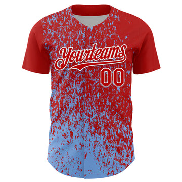 Custom Red Light Blue-White 3D Pattern Design Abstract Fragment Splatter Authentic Baseball Jersey