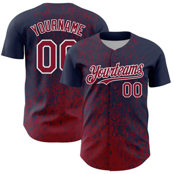 Custom Navy Crimson-White 3D Pattern Design Abstract Fragment Splatter Authentic Baseball Jersey