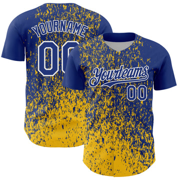Custom Royal Yellow-White 3D Pattern Design Abstract Fragment Splatter Authentic Baseball Jersey