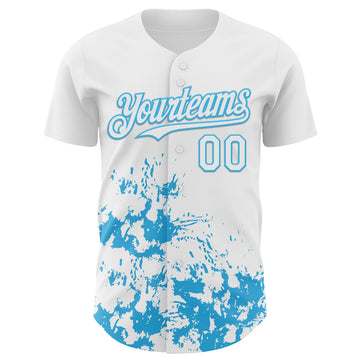Custom White Sky Blue Splatter Authentic Baseball Jersey