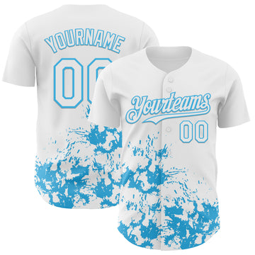 Custom White Sky Blue Splatter Authentic Baseball Jersey