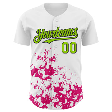 Custom White Neon Green Black-Pink Splatter Authentic Baseball Jersey