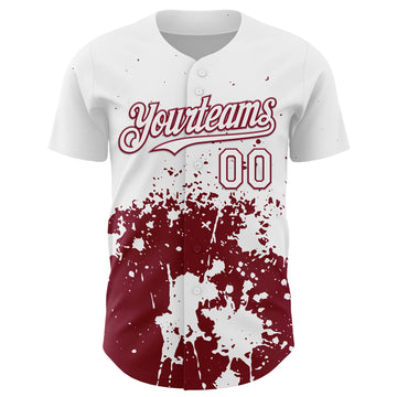 Custom White Crimson Abstract Splatter Grunge Authentic Baseball Jersey