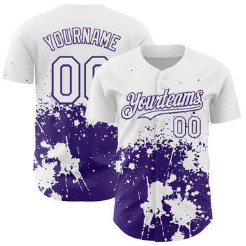 Custom White Purple Abstract Splatter Grunge Authentic Baseball Jersey