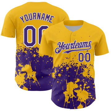 Custom Gold Purple-White Abstract Splatter Grunge Authentic Baseball Jersey