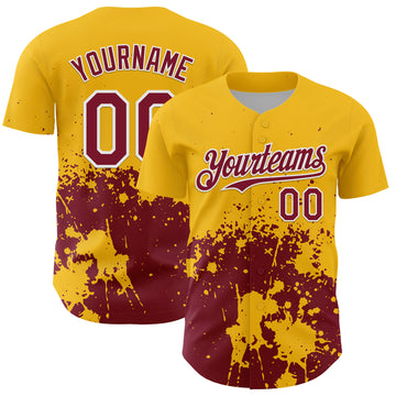 Custom Gold Crimson-White Abstract Splatter Grunge Authentic Baseball Jersey