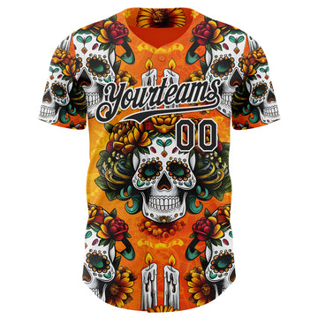 Custom Orange Black-White Sugar Skull Day of the Dead Mexican Folk Art Authentic Baseball Jersey