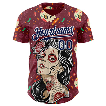 Custom Burgundy Navy-White Sugar Skull Day of the Dead Mexican Folk Art Authentic Baseball Jersey