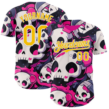 Custom Black Yellow Hot Pink-White Sugar Skull Day of the Dead Mexican Folk Art Authentic Baseball Jersey