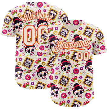 Custom Cream Orange Sugar Skull Day of the Dead Mexican Folk Art Authentic Baseball Jersey