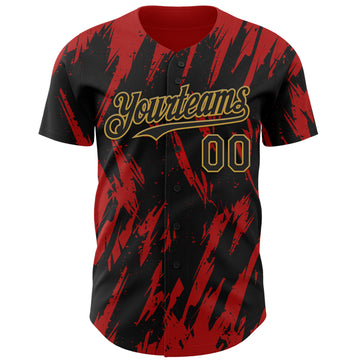 Custom Black Old Gold-Red 3D Pattern Design Splatter Torn Sharp Brush Stroke Authentic Baseball Jersey
