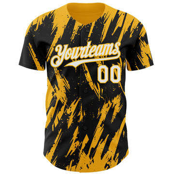 Custom Black White-Gold 3D Pattern Design Splatter Torn Sharp Brush Stroke Authentic Baseball Jersey