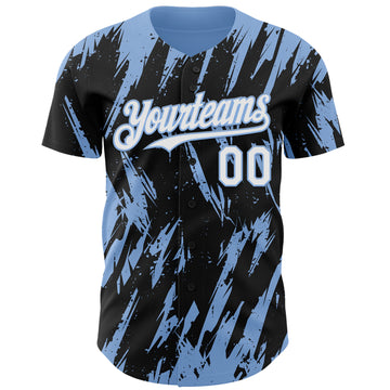 Custom Black White-Light Blue 3D Pattern Design Splatter Torn Sharp Brush Stroke Authentic Baseball Jersey