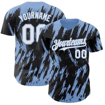 Custom Black White-Light Blue 3D Pattern Design Splatter Torn Sharp Brush Stroke Authentic Baseball Jersey
