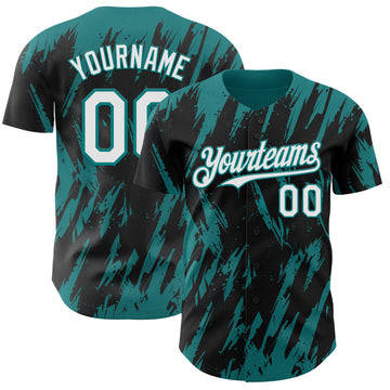 Custom Black White-Teal 3D Pattern Design Splatter Torn Sharp Brush Stroke Authentic Baseball Jersey