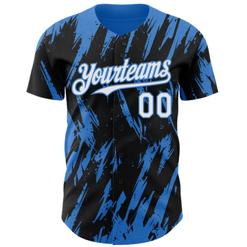 Custom Black White-Powder Blue 3D Pattern Design Splatter Torn Sharp Brush Stroke Authentic Baseball Jersey