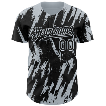Custom Black Silver 3D Pattern Design Splatter Torn Sharp Brush Stroke Authentic Baseball Jersey