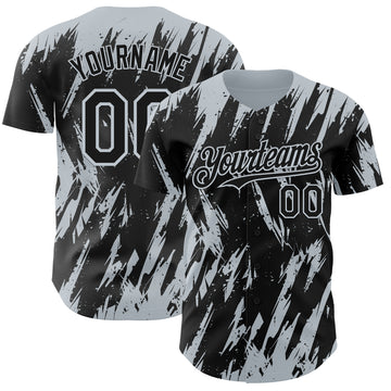 Custom Black Silver 3D Pattern Design Splatter Torn Sharp Brush Stroke Authentic Baseball Jersey