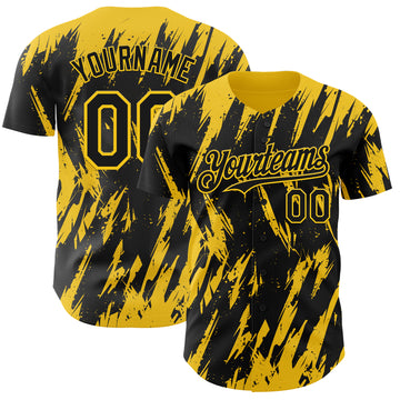 Custom Black Yellow 3D Pattern Design Splatter Torn Sharp Brush Stroke Authentic Baseball Jersey