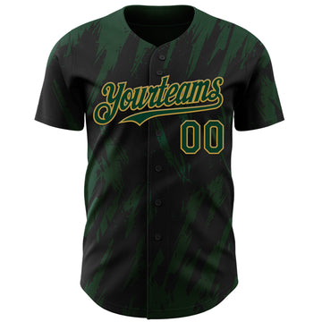 Custom Black Green-Old Gold 3D Pattern Design Splatter Torn Sharp Brush Stroke Authentic Baseball Jersey