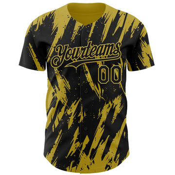 Custom Black Old Gold 3D Pattern Design Splatter Torn Sharp Brush Stroke Authentic Baseball Jersey
