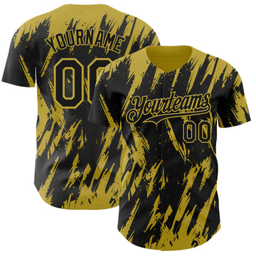 Custom Black Old Gold 3D Pattern Design Splatter Torn Sharp Brush Stroke Authentic Baseball Jersey