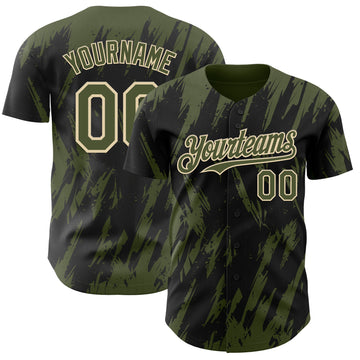 Custom Black Olive-Cream 3D Pattern Design Splatter Torn Sharp Brush Stroke Authentic Baseball Jersey