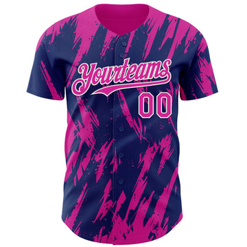 Custom Royal Deep Pink-White 3D Pattern Design Splatter Torn Sharp Brush Stroke Authentic Baseball Jersey
