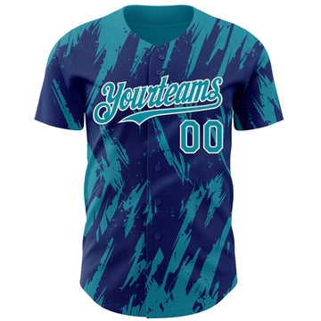 Custom Royal Teal-White 3D Pattern Design Splatter Torn Sharp Brush Stroke Authentic Baseball Jersey