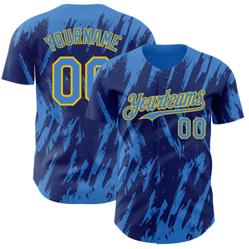 Custom Royal Powder Blue-Yellow 3D Pattern Design Splatter Torn Sharp Brush Stroke Authentic Baseball Jersey