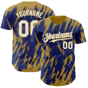 Custom Royal White-Old Gold 3D Pattern Design Splatter Torn Sharp Brush Stroke Authentic Baseball Jersey