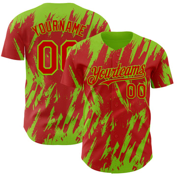 Custom Red Neon Green 3D Pattern Design Splatter Torn Sharp Brush Stroke Authentic Baseball Jersey