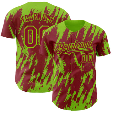 Custom Crimson Neon Green 3D Pattern Design Splatter Torn Sharp Brush Stroke Authentic Baseball Jersey