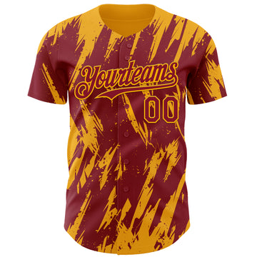Custom Crimson Gold 3D Pattern Design Splatter Torn Sharp Brush Stroke Authentic Baseball Jersey