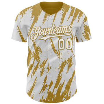 Custom White Old Gold 3D Pattern Design Splatter Torn Sharp Brush Stroke Authentic Baseball Jersey
